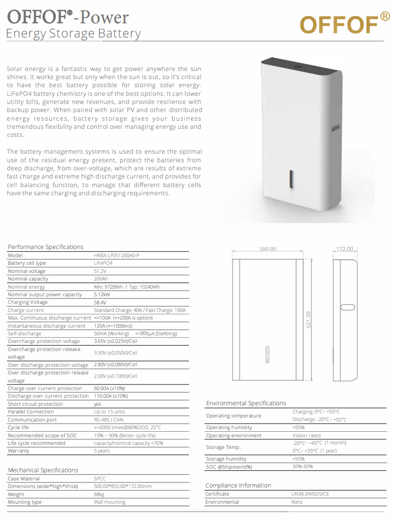 OFFOF 51.2V 100Ah 5Kwh solar storage wall-mounted 48V brand new LifePO4 lithium battery
