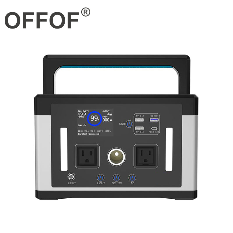 OFFOF 700W Protable Power Station 577Wh Max Load 1000W, AC Charging, Car Charging. Solar charging, three USB ports, suitable for outdoor work, outdoor camping, fishing, car power generation.