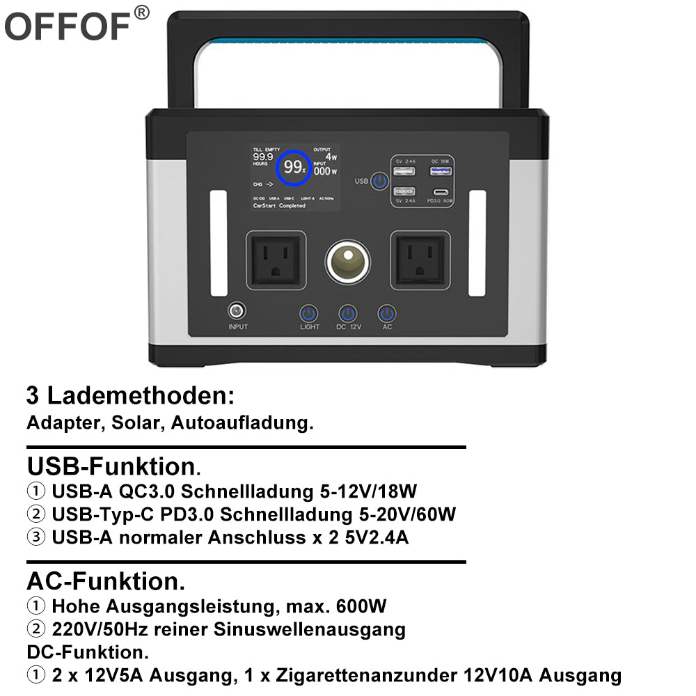 OFFOF 700W Protable Power Station 577Wh Max Load 1000W, AC Charging, Car Charging. Solar charging, three USB ports, suitable for outdoor work, outdoor camping, fishing, car power generation.