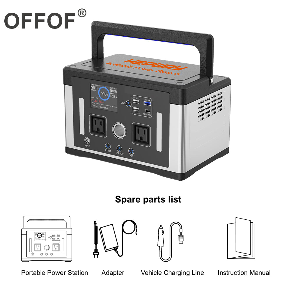 OFFOF 700W Protable Power Station 577Wh Max Load 1000W, AC Charging, Car Charging. Solar charging, three USB ports, suitable for outdoor work, outdoor camping, fishing, car power generation.