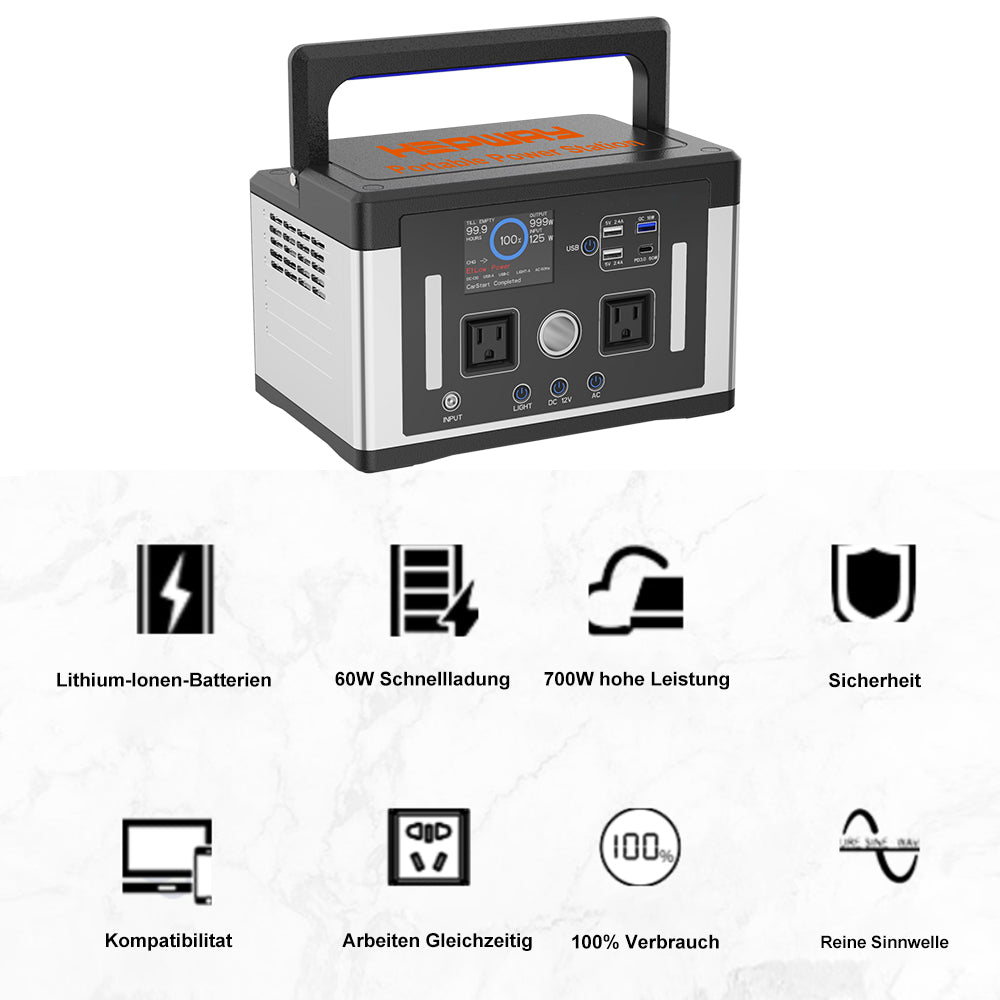 OFFOF 700W Protable Power Station 577Wh Max Load 1000W, AC Charging, Car Charging. Solar charging, three USB ports, suitable for outdoor work, outdoor camping, fishing, car power generation.