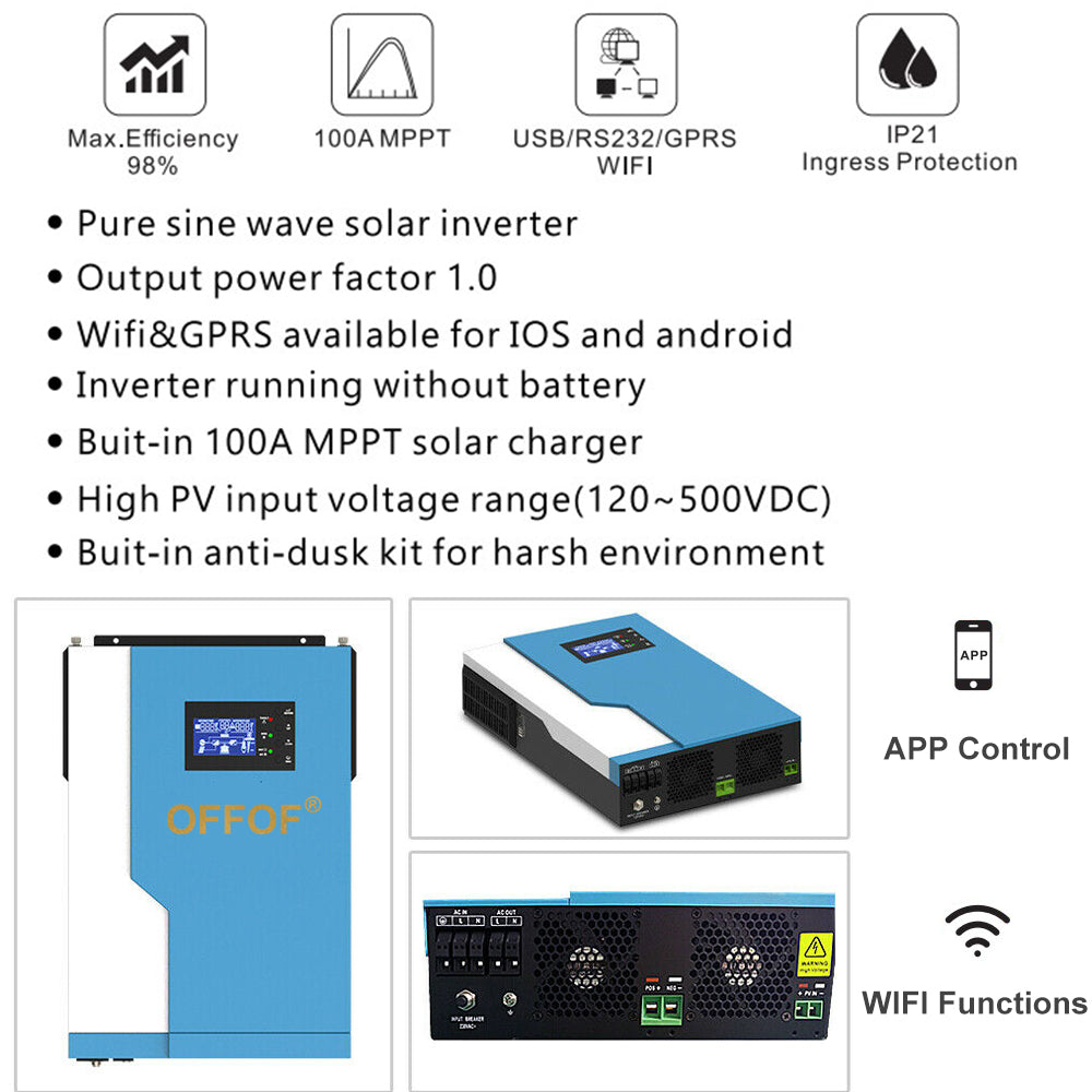 3.5Kva Solar Inverter OFF-Grid System 24Vdc Battery System Hybrid Inverter 100A MPPT WIFI Functions Pure Sine Wave Output 230Vac