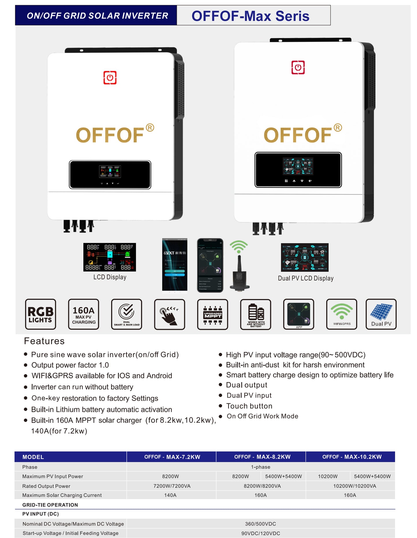 7200W Solar Hybrid Inverter OFF-Grid System 48Vdc 140A MPPT Pure Sine Wave 230Vac With BMS Support WIFI Functions 500Vdc PV Range