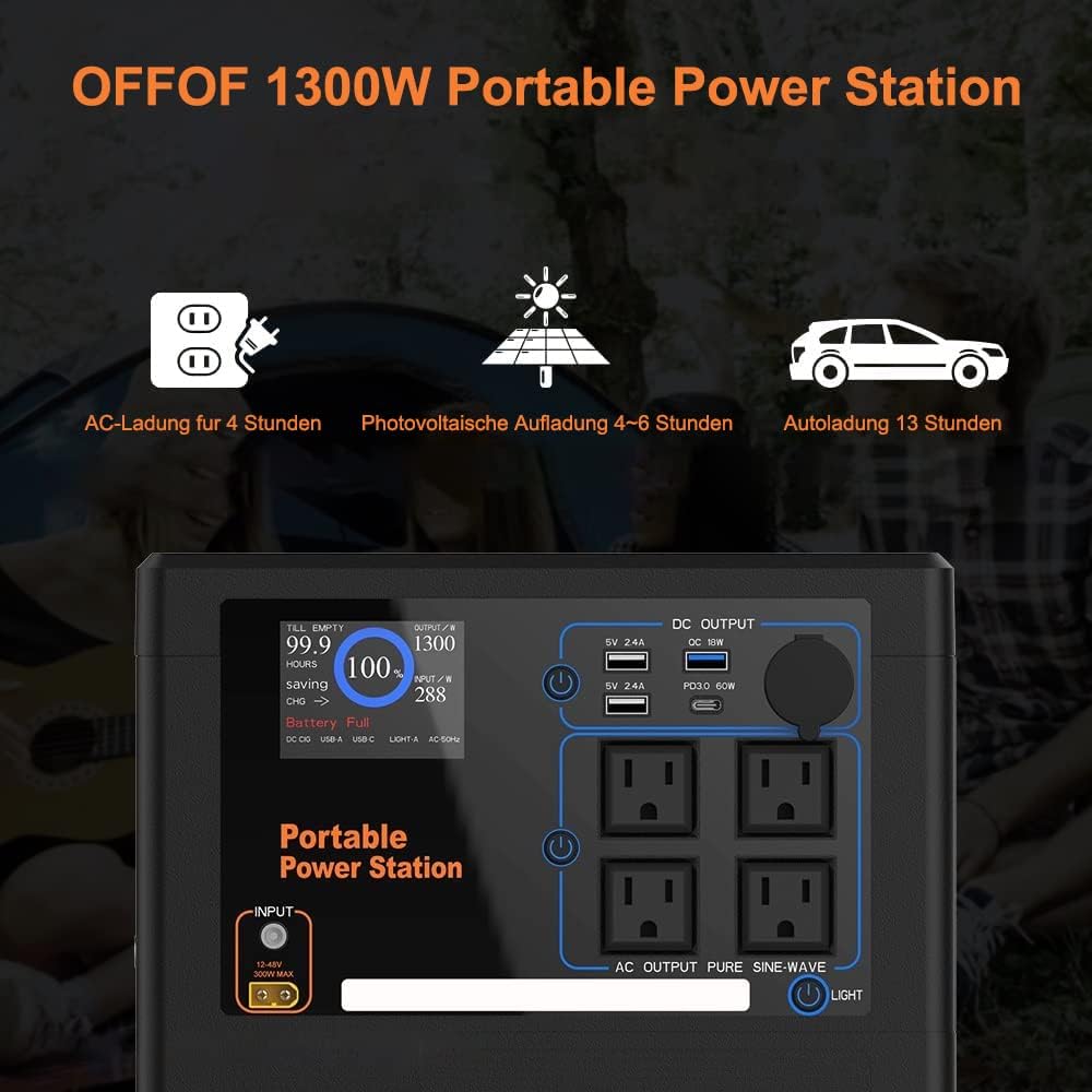 OFFOF Portable Power Station 1300W Solar Generator，1160Wh Kapazität, LiFeP04, PD 60W Charge,AC DC Charge,312000mAh，Für Notstrom,Camping,