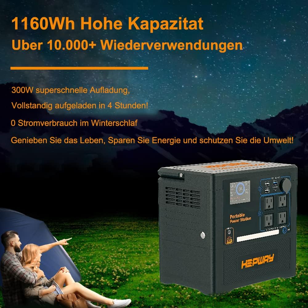 OFFOF Portable Power Station 1300W Solar Generator，1160Wh Kapazität, LiFeP04, PD 60W Charge,AC DC Charge,312000mAh，Für Notstrom,Camping,