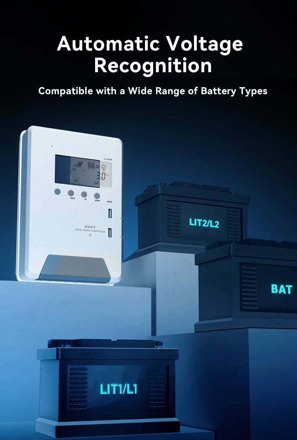 MPPT-LM Solar Charge Controller Solar System 12V/24V/48Vdc Battery System BMS CE/ROHS/FCC for Lifep04 Sealed Gel AGM Flooded Lithium Battery