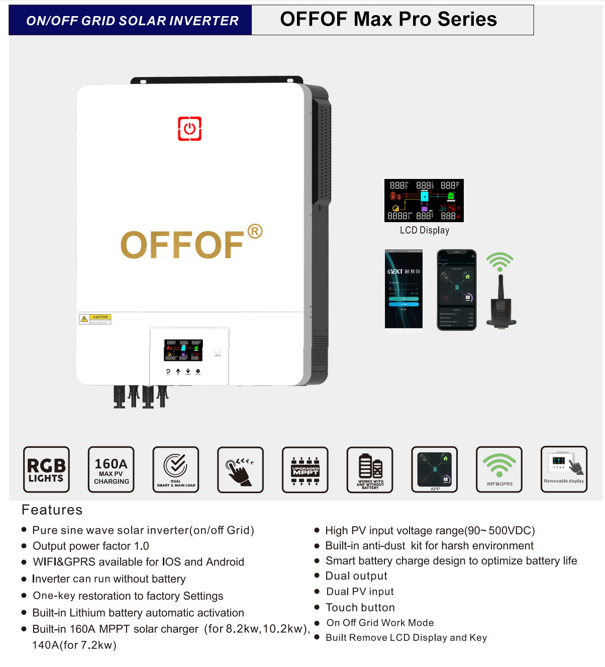 8200Watt Solar Inverter Hybrid System OFF-Grid Pure Sine Wave 160A MPPT 48Vdc BMS Battery System 120V~500V PV Range